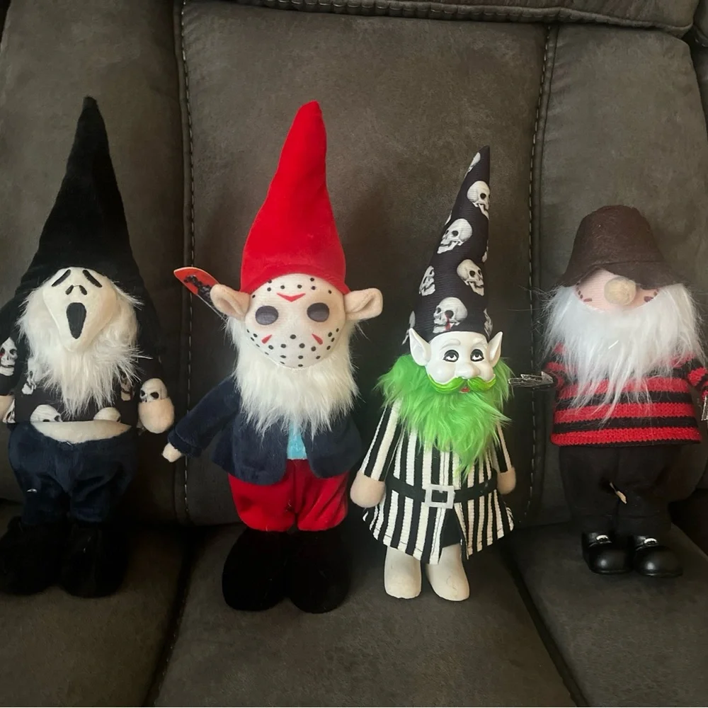 (4) 12 inch halloween garden gnomes, soft. Jason, Freddy, Ghostface.
